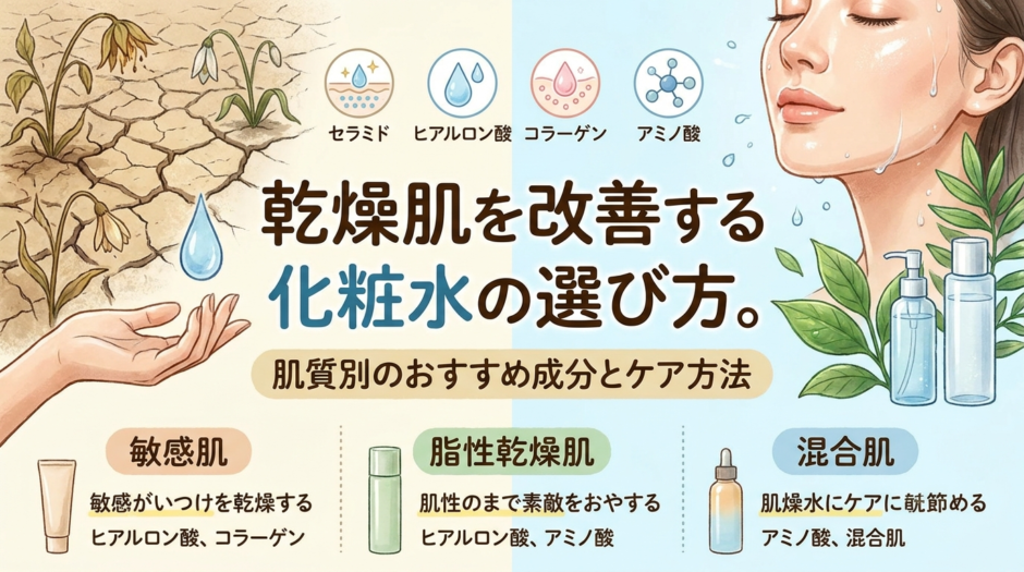 乾燥肌を改善する化粧水の選び方。肌質別のおすすめ成分とケア方法